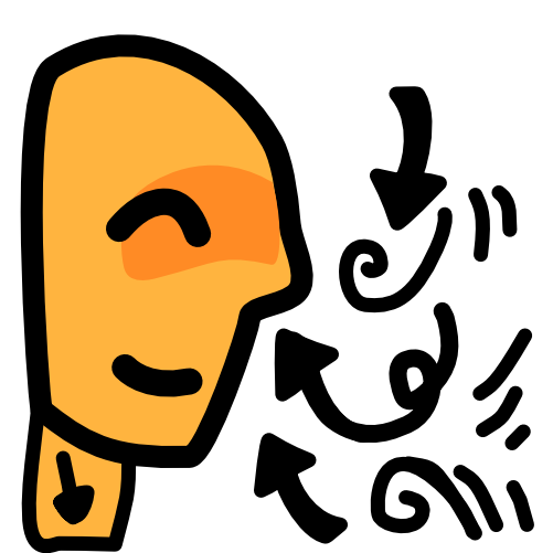 A yellow head seen from the side has arrows and spirals and swishy lines leading up to, and below its nose and in front of its mouth, on its neck is another arrow pointing down. The image has black line art.